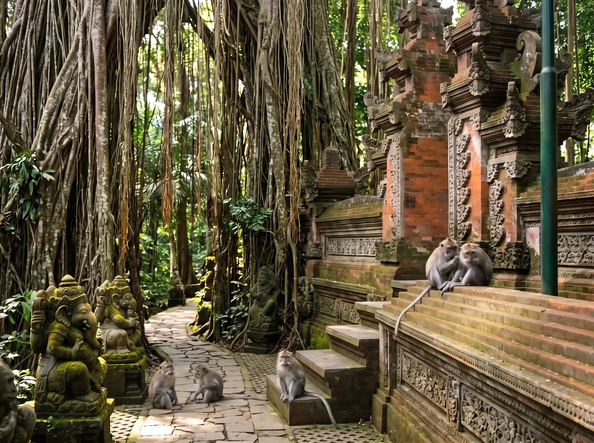 Ubud Kutsal Maymun Ormanı'nda taş heykeller ve uzun kuyruklu makaklar