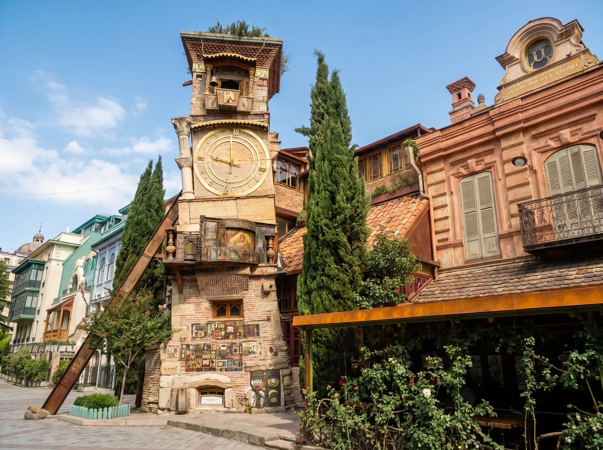 Tiflis Eski Şehir'deki eğik Gabriadze Saat Kulesi