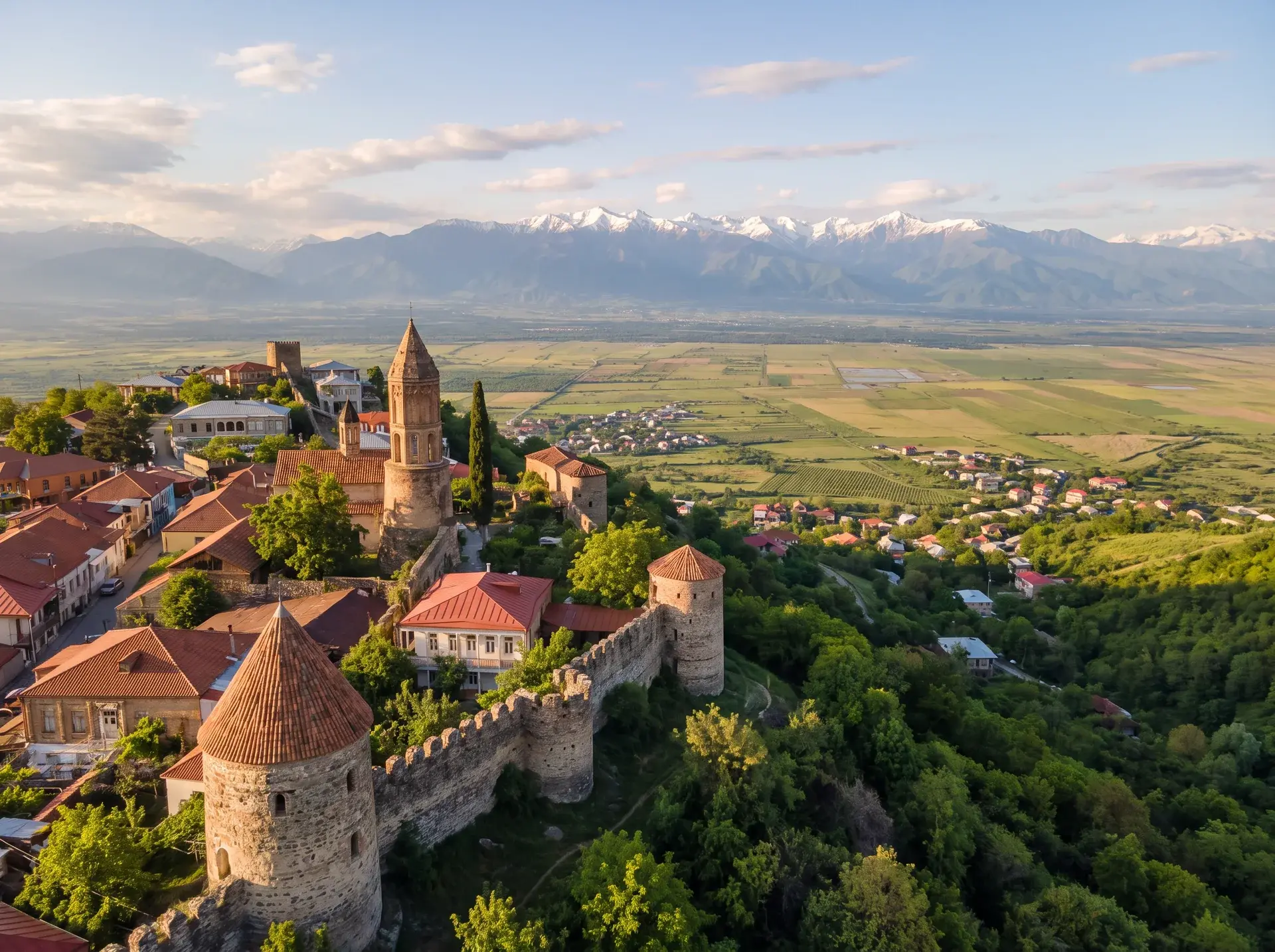 Sighnaghi surları, kırmızı çatılar ve Alazani Vadisi