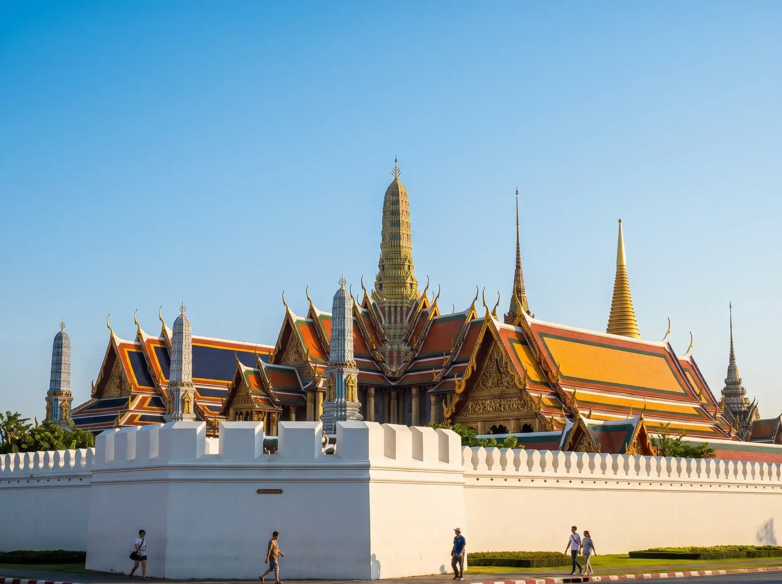 Bangkok Büyük Saray'ın renkli çatıları ve sivri kuleleri, önünde insanların yürüdüğü beyaz duvarın arkasında yükseliyor.