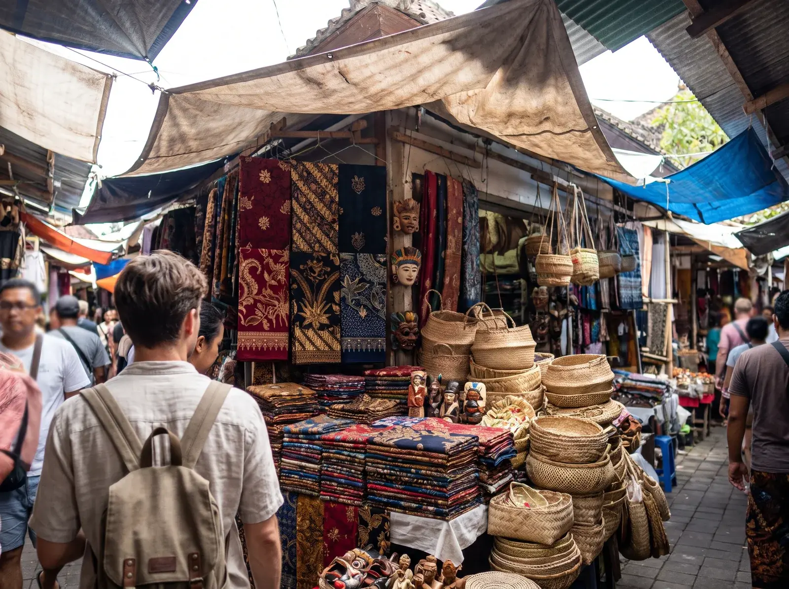 Ubud pazarında renkli saronglar, hasır sepetler ve ahşap el işleri.