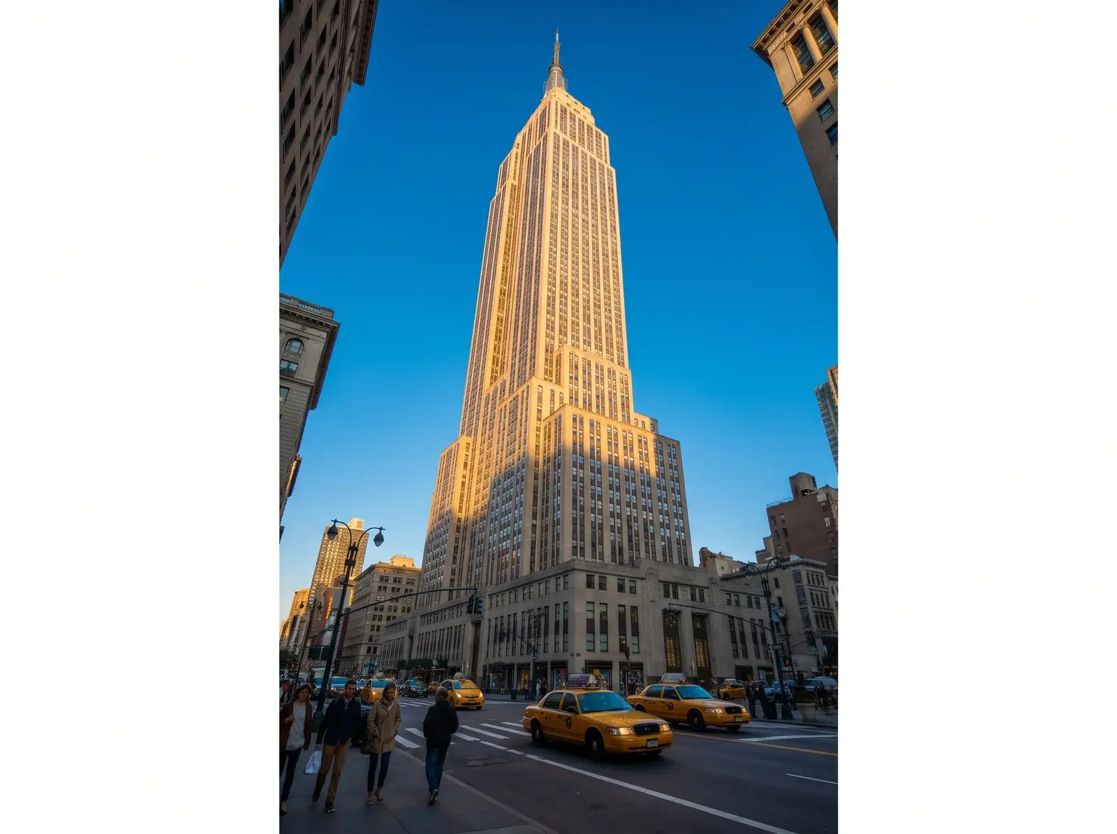 Empire State Binası mavi gökyüzüne yükselirken güneş alan cephesinin altında sarı taksiler ve yayalar görülüyor.