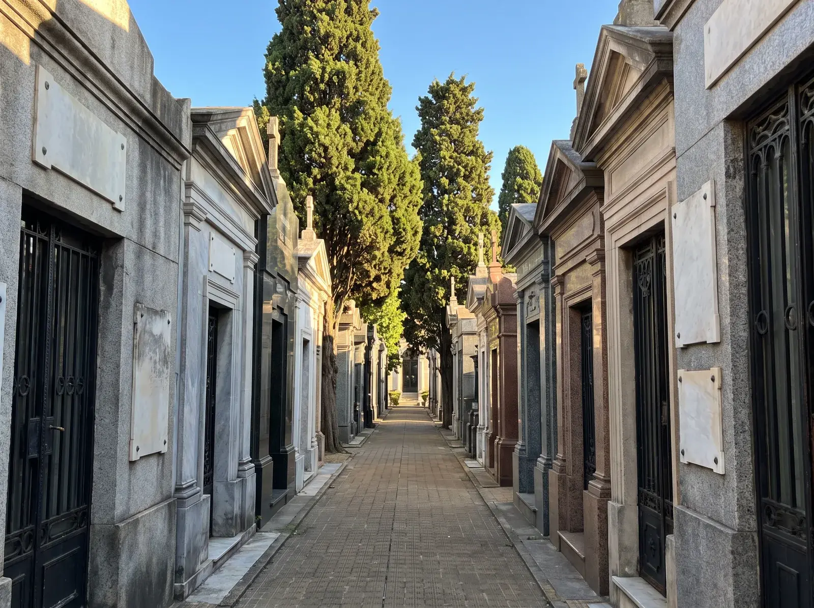 Recoleta Mezarlığı’nda taş anıt mezarlar arasındaki dar yürüyüş yolu.
