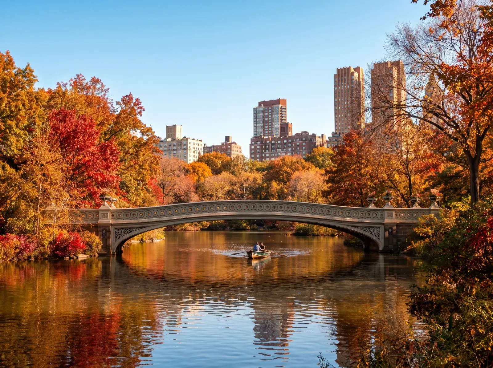 Central Park'ta kemerli köprü ve sonbahar renkli ağaçlar göle yansırken suda bir kayık, arkada yüksek binalar görülüyor.
