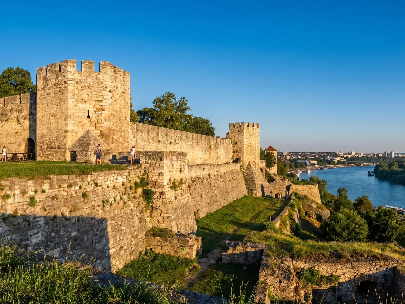Belgrad'da taş kale burçları ve çimenli surların ardında nehir, ağaçlık kıyı ve uzaktaki yapılar görülüyor.