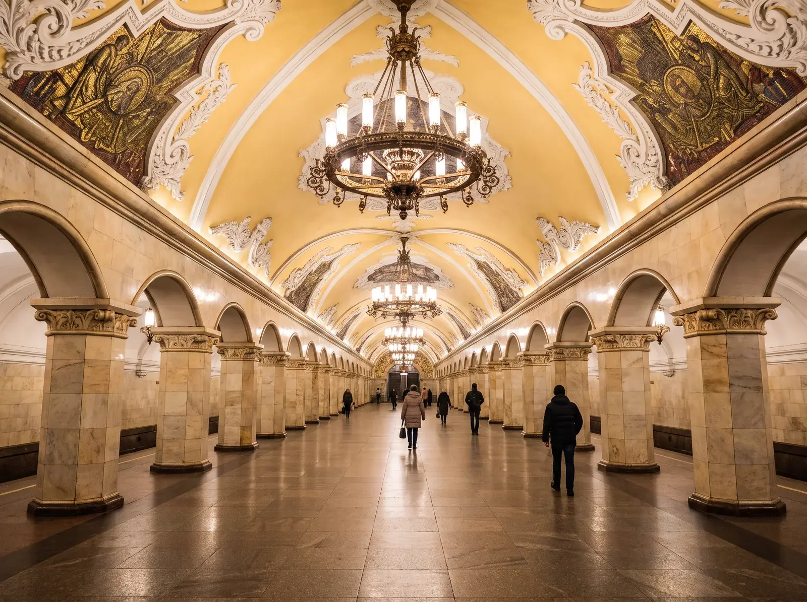 Moskova Metrosu'nda avizelerle aydınlanan bezemeli tonoz, mermer sütunlu kemerler ve koridorda yürüyen insanlar görülüyor.