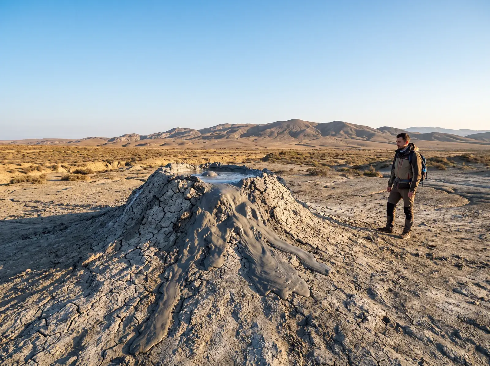 Gobustan'da çatlak zeminli çamur volkanının yanında bir kişi duruyor, arka planda çıplak tepeler uzanıyor.