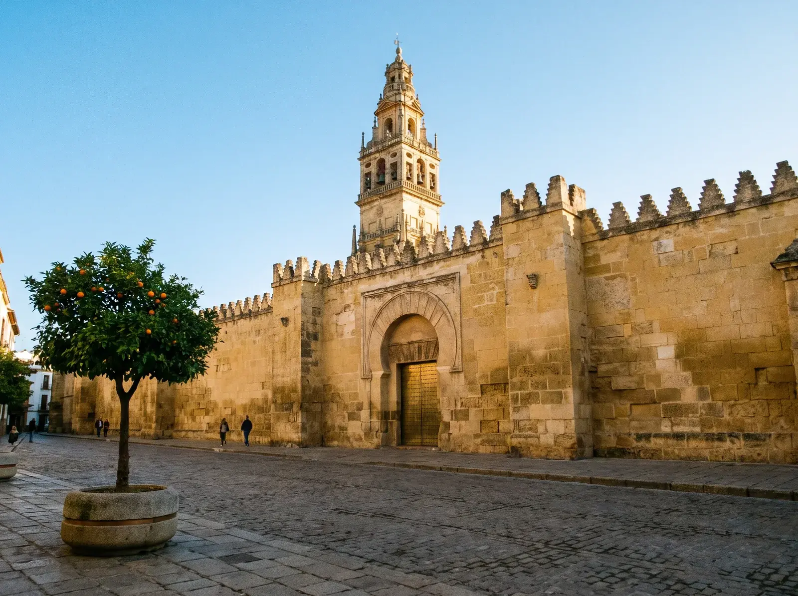 Mezquita'nın mazgallı taş duvarı, at nalı kemerli kapısı ve arkasındaki çan kulesi.