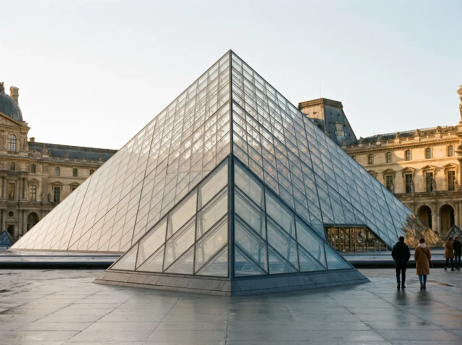 Louvre avlusundaki cam piramit ve arkasındaki tarihi saray cepheleri.