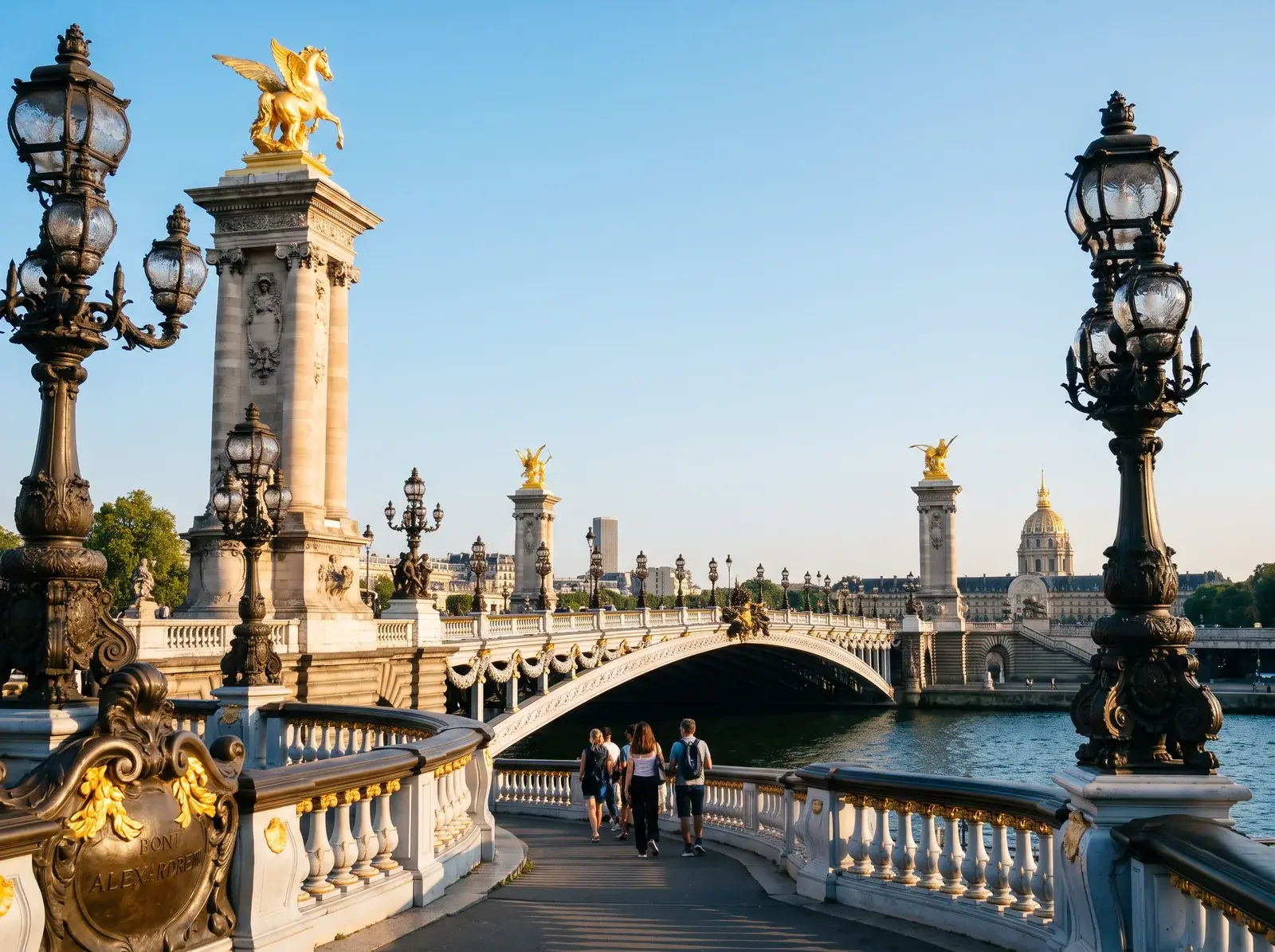 Seine üzerindeki Pont Alexandre III'ün süslü fenerleri, altın yaldızlı heykelleri ve taş korkuluğu.
