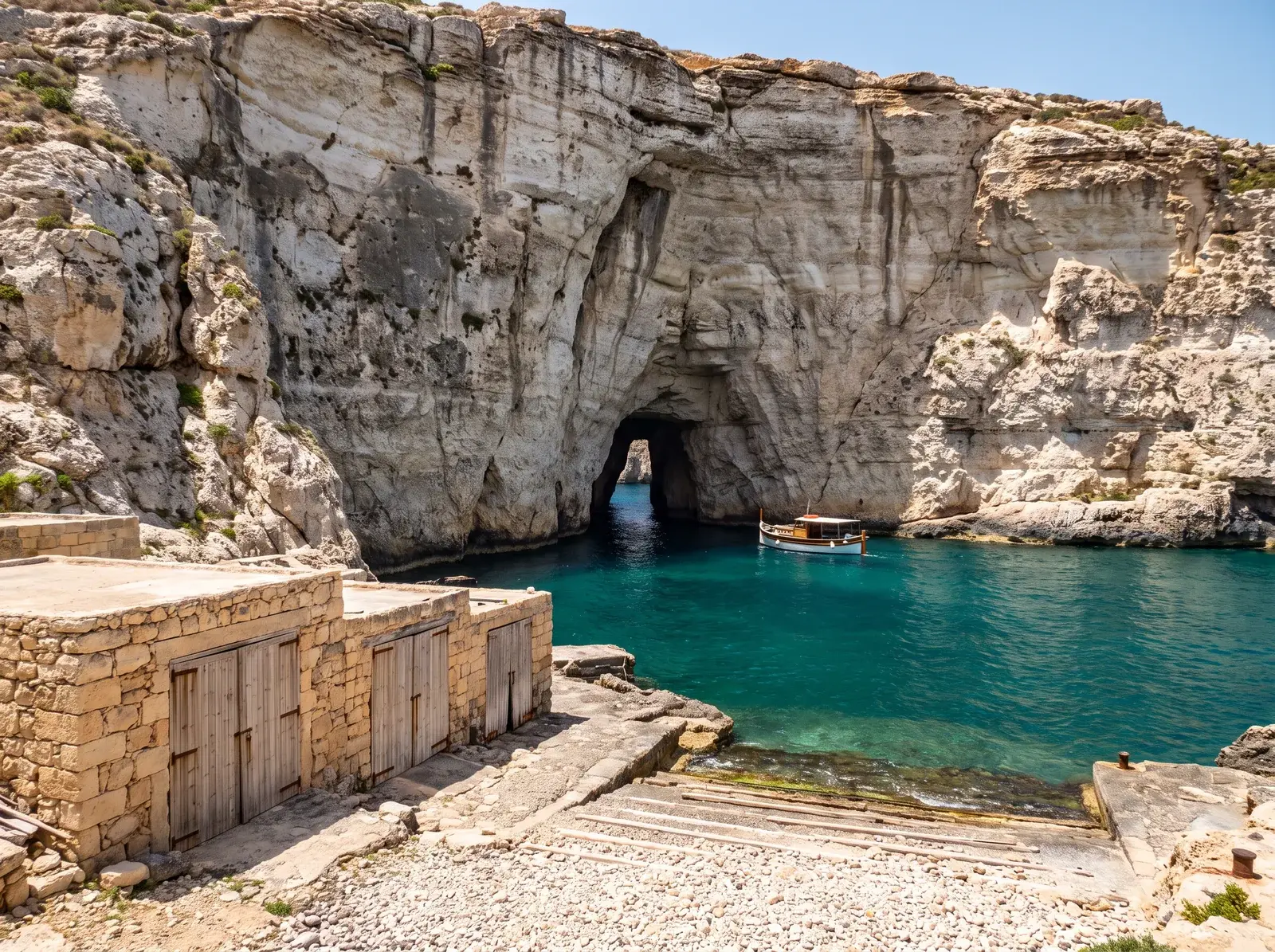 Dwejra İç Deniz'in turkuaz suyu, kireçtaşı kayalığındaki dar tünel ve kıyıdaki kayıkhaneler.
