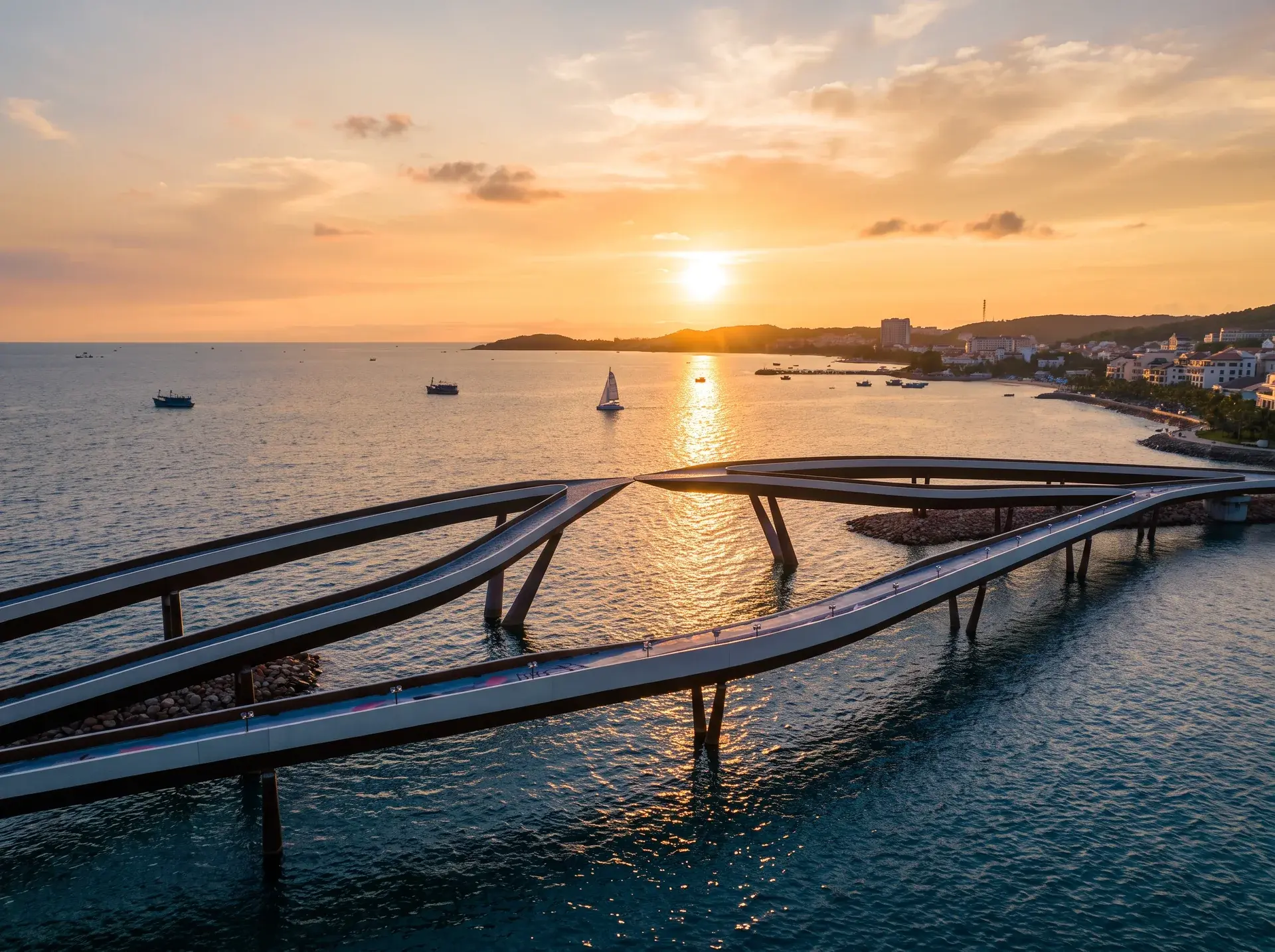 Phu Quoc Sunset Town'da gün batımında Öpücük Köprüsü