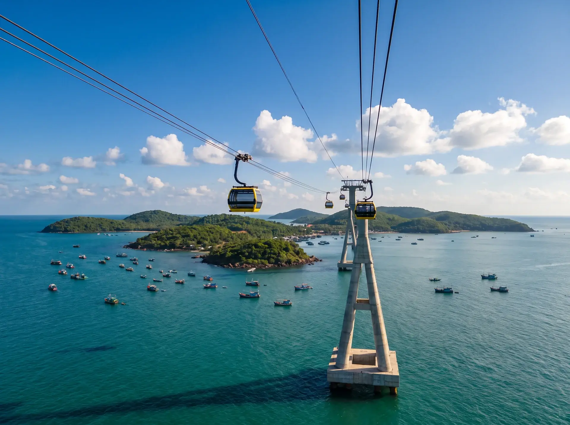Phu Quoc'ta turkuaz deniz üzerindeki Hon Thom teleferiği