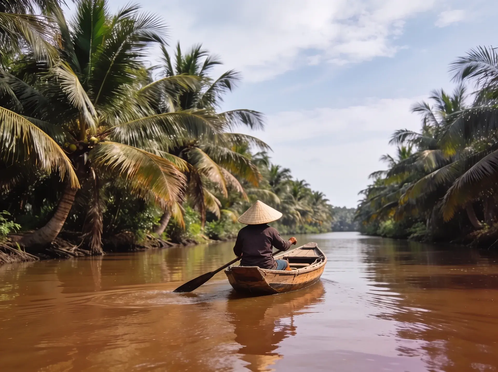 Mekong Deltası'nda hindistan cevizi palmiyeli kanalda sandal